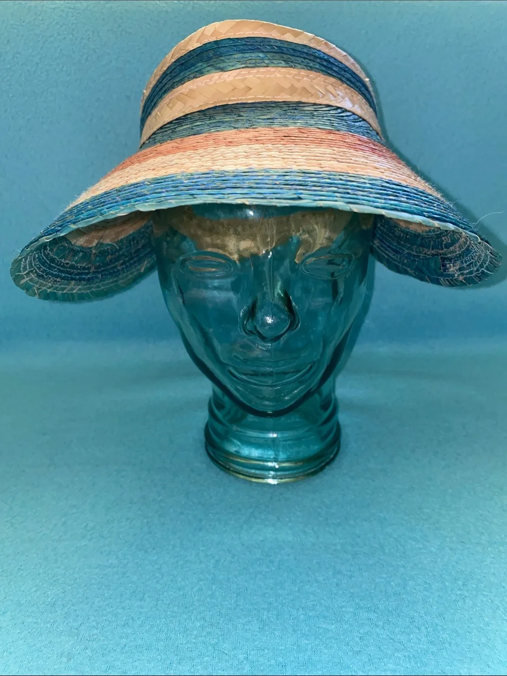 Handmade palm straw striped wide brim adjustable visor sun beach hat size OSFA